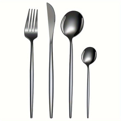 Juego de Cubiertos Elegantes de Acero Inoxidable Negro de 16 Piezas - Incluye Cuchillos para Bistec, Tenedores de Cena, Cucharas para Sopa y Postre - Diseño Elegante para Uso Doméstico y en Restaurantes