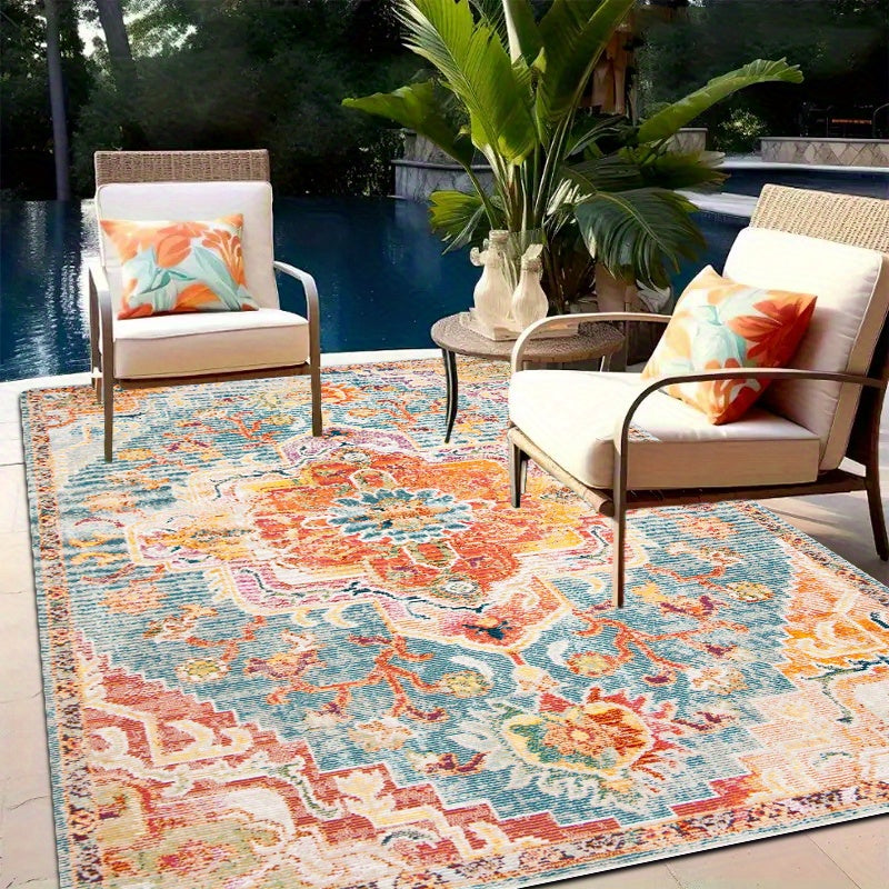 1 pieza de alfombra de área al aire libre bohemio vintage - Suave, lavable a máquina poliéster, alfombra rectangular ligera con patrón floral, antideslizante, duradera para RV, camping, pícnic, balcones, suelos de madera dura - Ideal para decoración de h