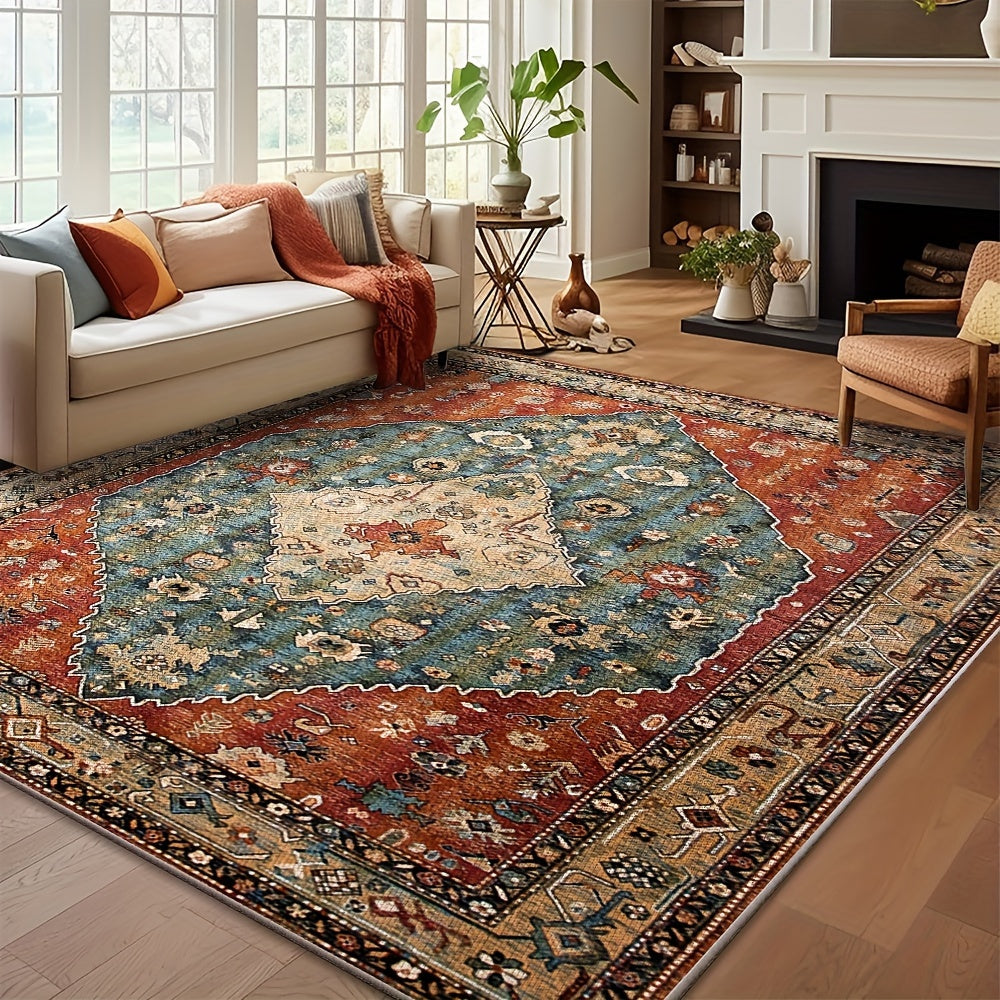 Alfombra de estilo persa lavable roja 850 g/m², estampado vintage para interiores, imitación antigua, peluche de alta calidad, gran área decorativa antimañanas para pasillos, dormitorios y cocinas