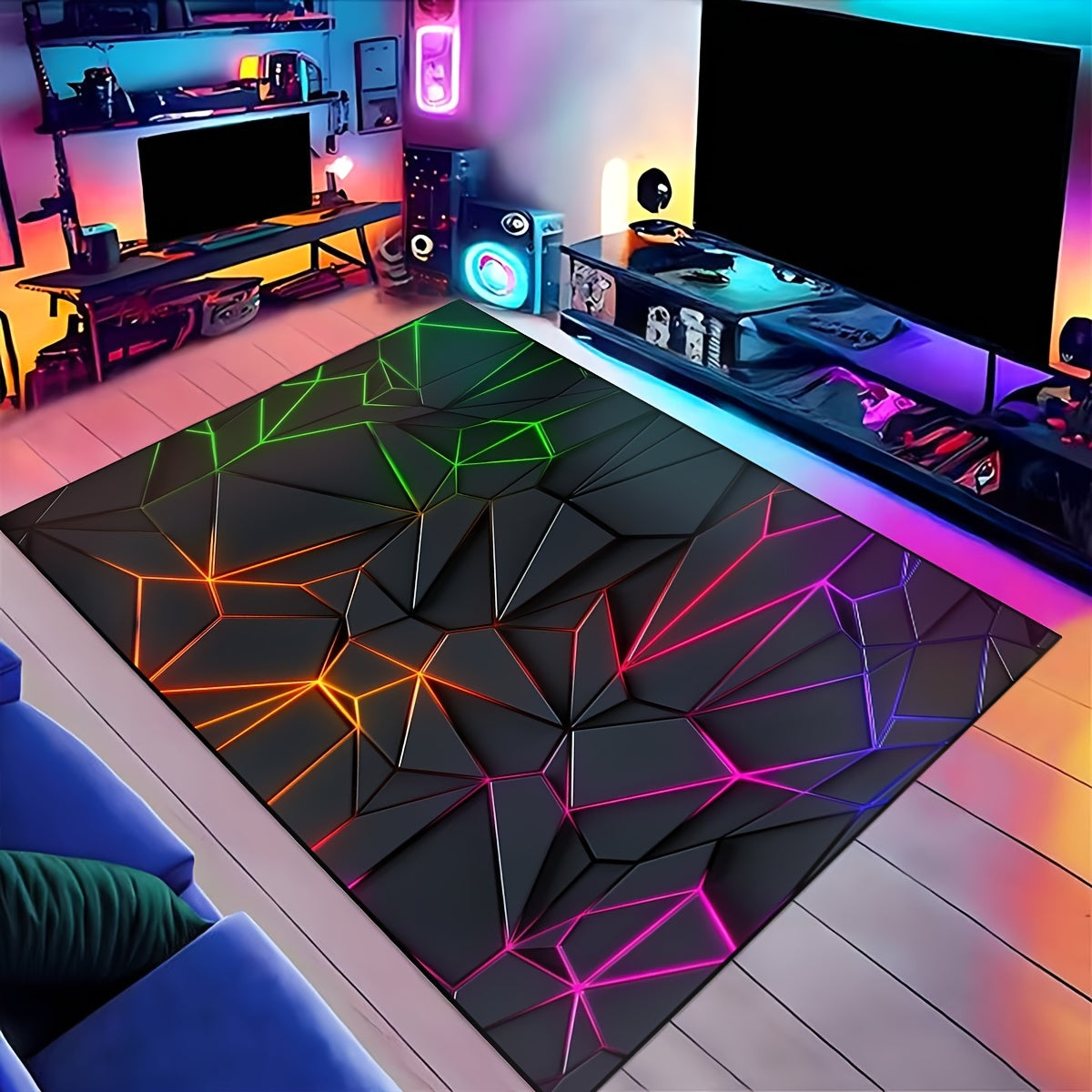 Alfombra gruesa de terciopelo con diseño ciberpunk y patrones geométricos en verde, azul, naranja y morado, 6 mm de grosor, ideal para decoración de salas de juegos y hogar, solo lavado a mano