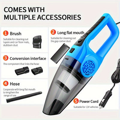 Aspiradora de mano para auto, 12V de alta potencia, gran capacidad de succión, limpia ranuras y espacios en el auto, ideal para pelo de gato y perro