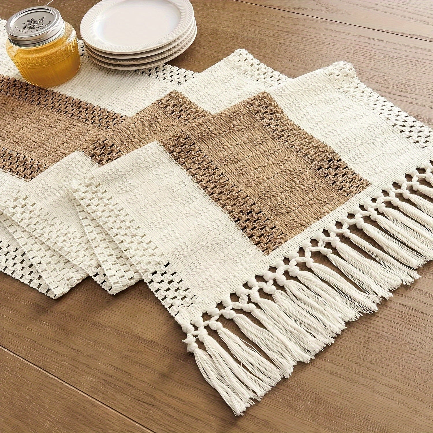 1 pza. Camino de mesa de poliéster tejido a mano estilo bohemio, con borlas, camino de mesa de estilo rústico para mesa de centro, mantel color crema y marrón, adecuado para bodas, catering, fiestas, vacaciones y decoración del hogar, decoración navideña