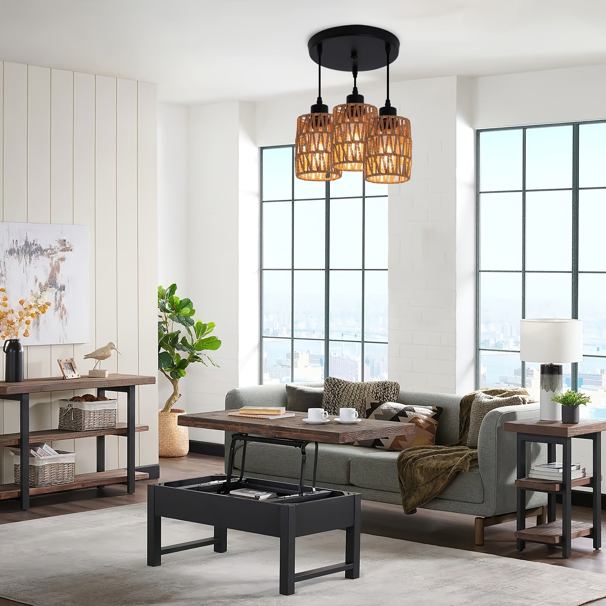 1 lámpara de techo bohemio de 3 luces con sombra tejida en mimbre - Decoración moderna para comedor, cocina y dormitorio - Base E27 (bombillas no incluidas) - Montaje semiempotrado, fácil instalación, diseño ligero de mimbre | Accesorios y decoración par