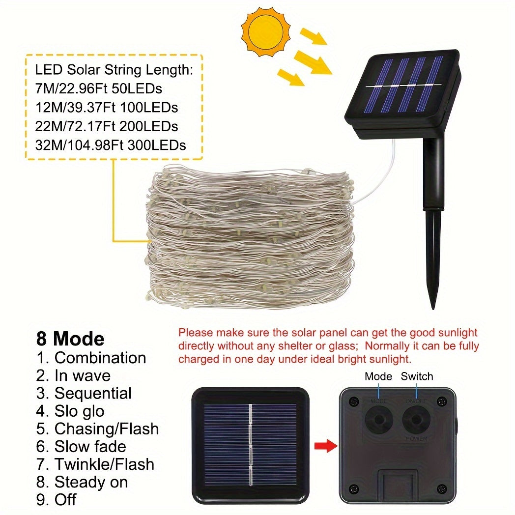 Guirnalda de Luces Solares LED - Impermeable, 8 modos, Luz parpadeante de alambre de cobre blanco/cálido/multicolor - Adecuada para patio, jardín, decoraciones navideñas y de bodas - longitud de 7.0 metros a 32.0 metros, cadena de luces para fiestas | ef
