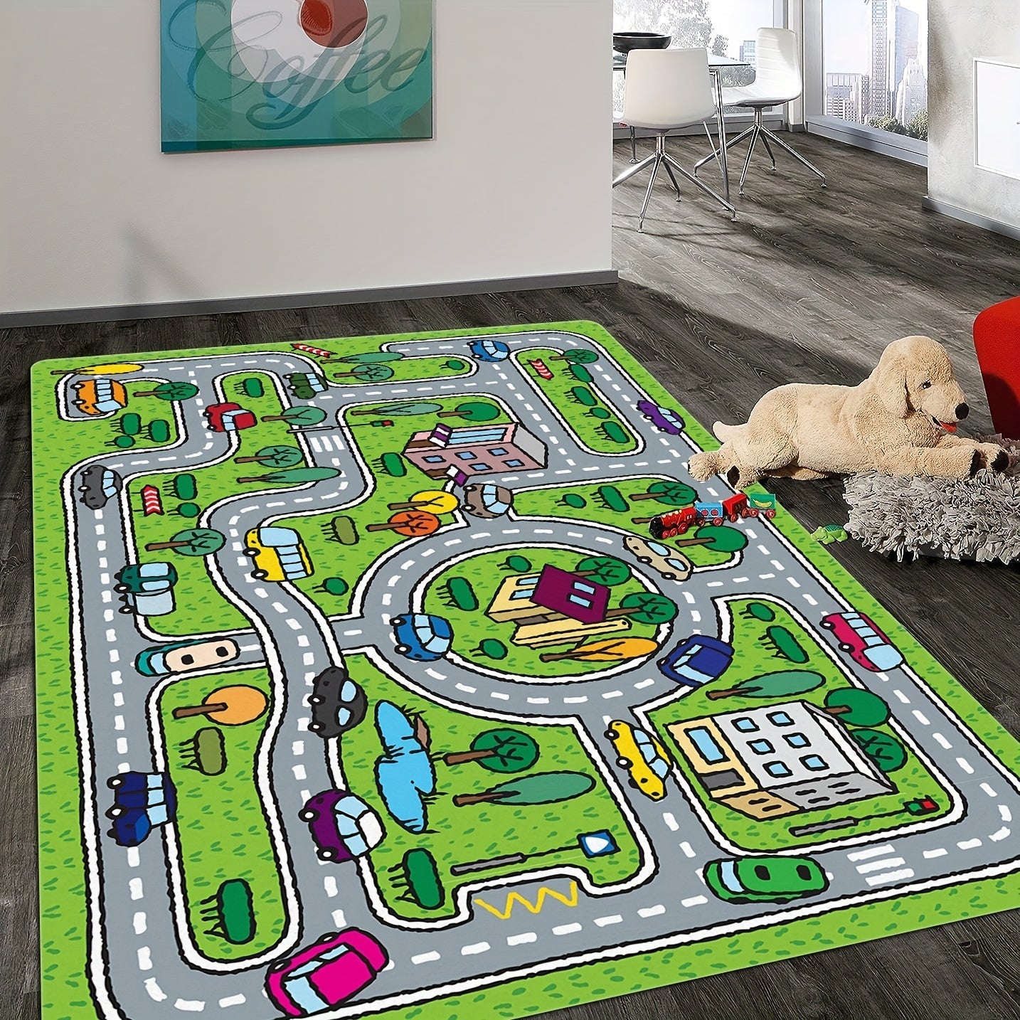 1 pieza de alfombrilla de juego temática de dibujos animados - Poliéster duradero y resistente a la decoloración, tamaño grande, diseño de bloques de carreteras y edificios coloridos para decoración de habitaciones de juego, salas de estar o dormitorios,