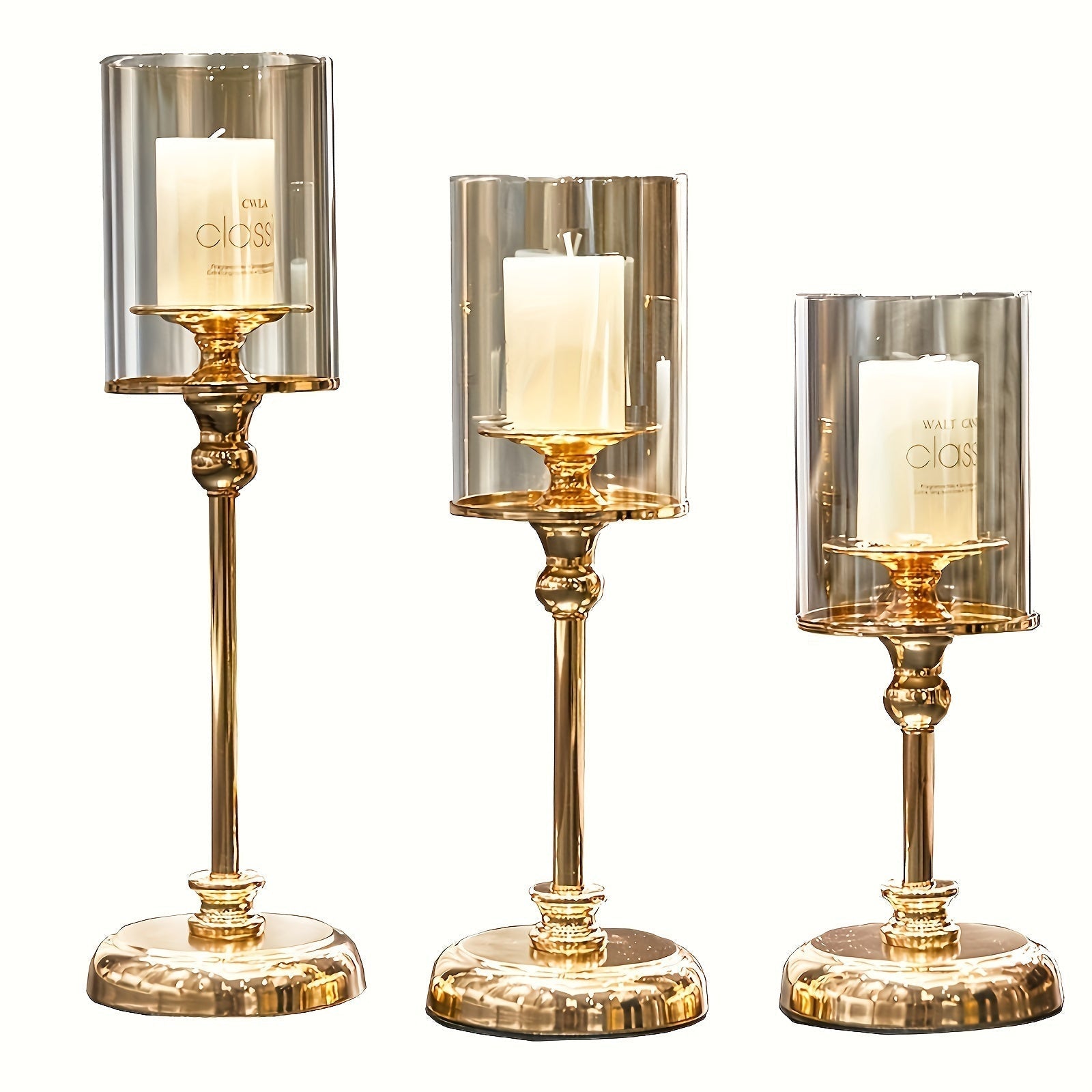 Juego de 3 candelabros de vidrio y metal dorado elegante - Acero inoxidable, diseño de mesa para cena romántica y decoración del hogar
