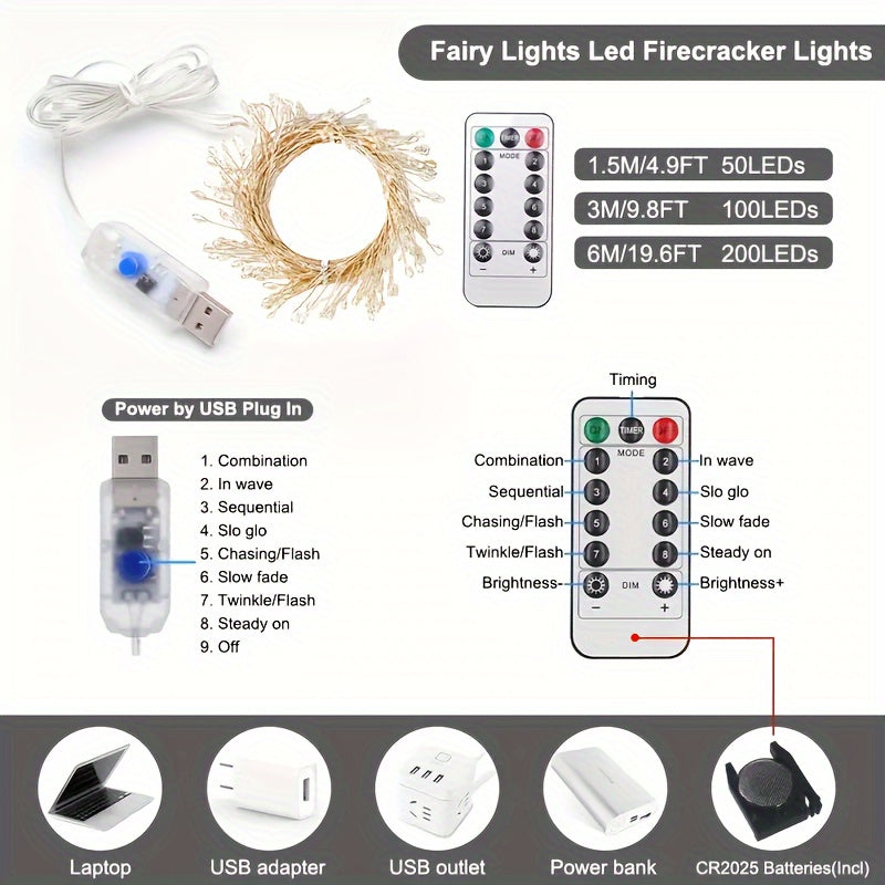 100 Luces de Cuento de Hadas con LED y 8 Modos de Parpadeo, Control Remoto USB y Temporizador - LEDes en Blanco Cálido/Coloridos para Árbol de Navidad, Dormitorio, Boda, Halloween y Decoración Festiva, Luces de Cadena Versátiles | Disposición Flexible de