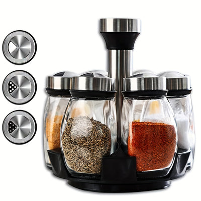 Organizador de especias giratorio 360°, juego de 6/12 frascos con acabado metálico pulido y recipientes de vidrio para rellenar especias, ideal para cocina, alacena o mostrador