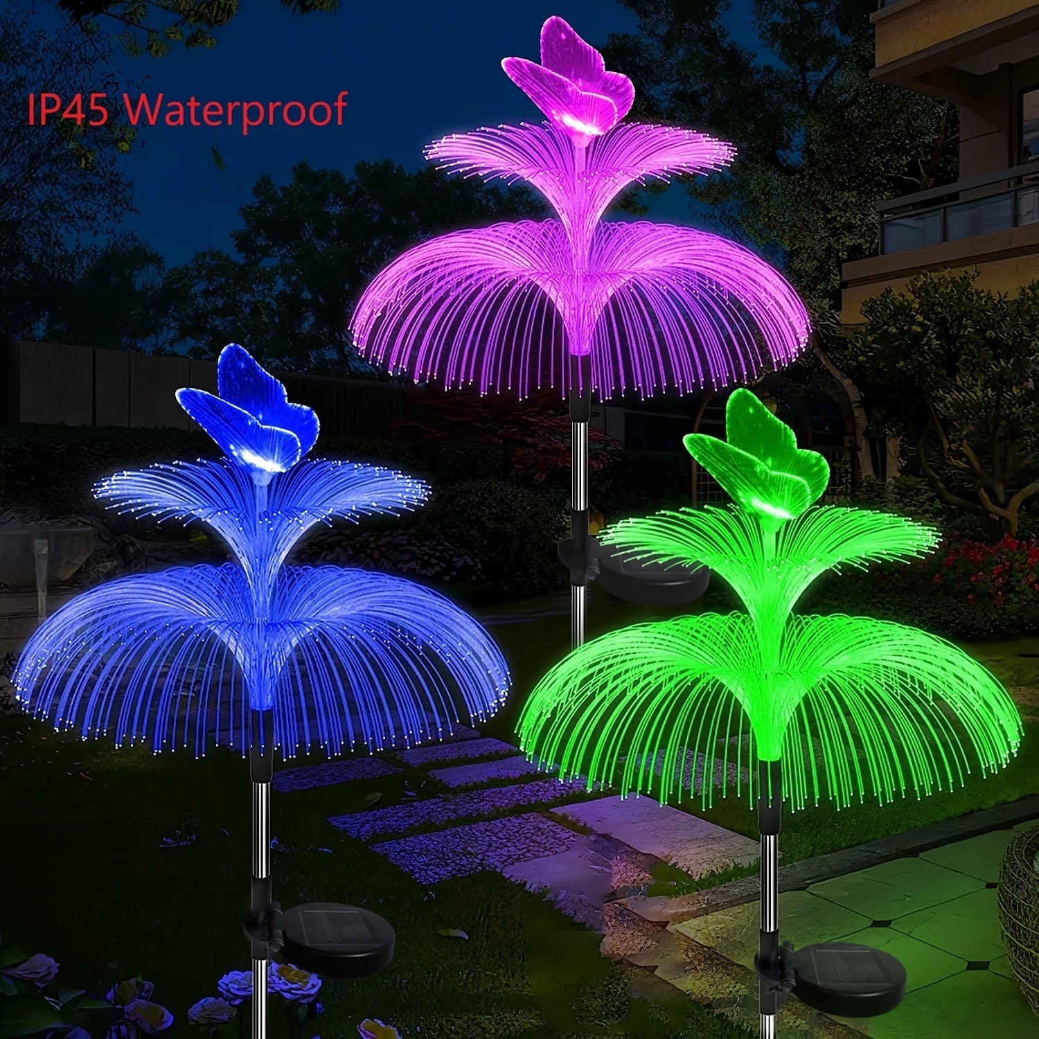 Juego de 2 luces solares para jardín, luces decorativas solares para exteriores con 7 colores, diseño de medusa y mariposa de doble capa, ideales para decoración de Navidad, piscina, patio y jardín