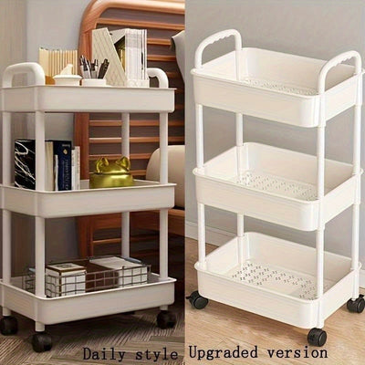 Carro de utilidad de 3 niveles con asa - Organizador de almacenamiento multifuncional con ruedas para cocina, oficina, sala de estar - Plástico duradero, blanco, carro de almacenamiento de cocina, organizador de habitaciones versátil, diseño elegante, as