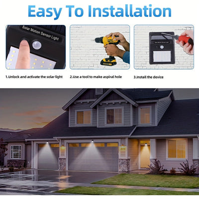 4 luces solares para pared exterior, con sensor de movimiento para jardín, escaleras y caminos, incluye hardware de instalación, montaje semiempotrado, control de interruptor, material plástico, energía solar con batería de litio, iluminación para camino