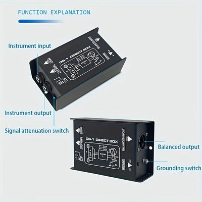 Transformador de Impedancia para Guitarra, Transformador de Adaptación de Impedancia Pasivo QudosXy DB-1 de Construcción de Hierro sin Carga de Canal Único para Guitarra, Bajo, Teclado, Negro