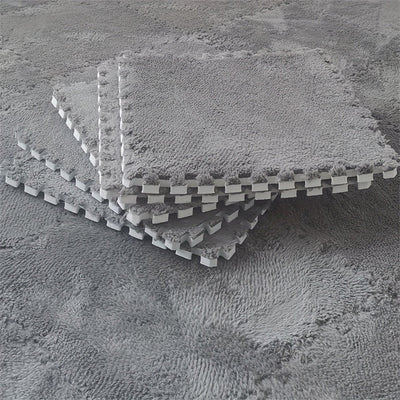 12 piezas de alfombras interconectadas de pelo largo, suaves tapetes de rompecabezas para piso, 29.97x29.97 cm, gris con borde blanco, lavables a mano, decoración acogedora para dormitorio o sala, tapete para sala | Cubrepiso elegante | Tapete de textura