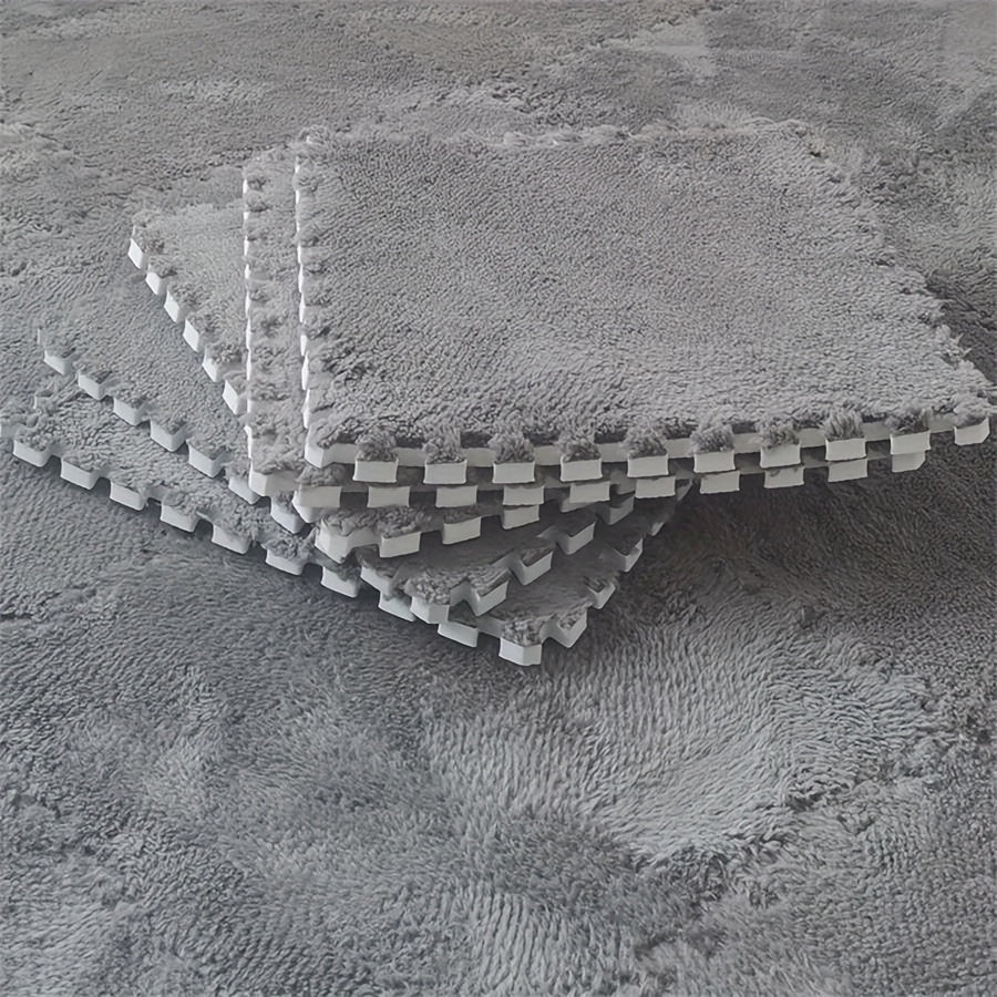 12 piezas de alfombras interconectadas de pelo largo, suaves tapetes de rompecabezas para piso, 29.97x29.97 cm, gris con borde blanco, lavables a mano, decoración acogedora para dormitorio o sala, tapete para sala | Cubrepiso elegante | Tapete de textura