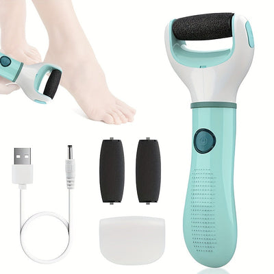 Limpia de callos eléctrica recargable profesional, 2 rodillos reemplazables, carga USB, plástico, sin fragancia, batería de litio, kit de herramientas de pedicura para piel seca y agrietada