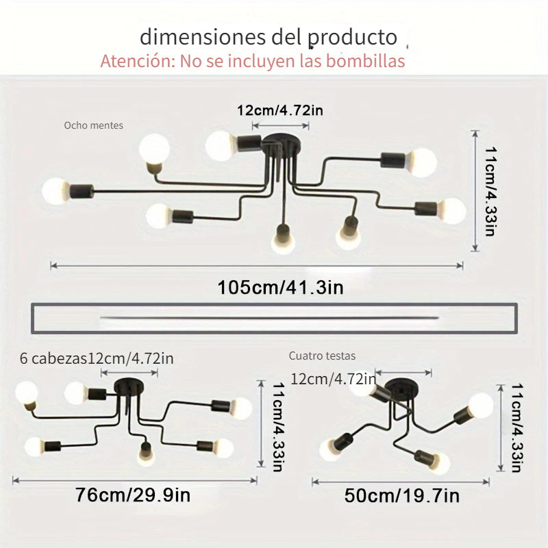 Lámpara de techo artística, juego de 1, 4/6/8 cabezales, estilo vintage industrial loft, luces LED modernas para decoración de sala de estar, montaje semiempotrado