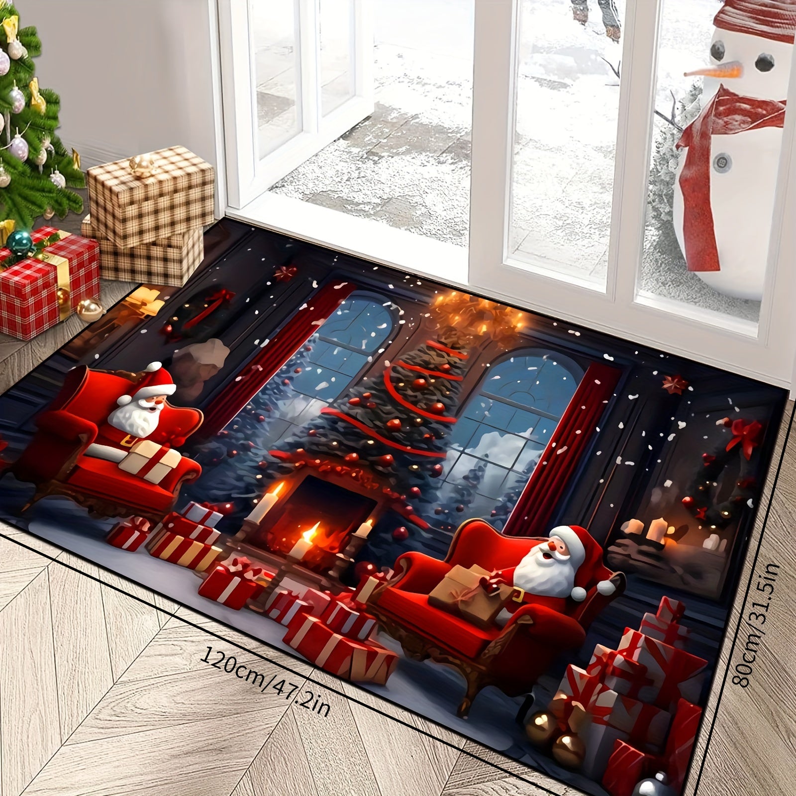 Tapete de puerta navideño de Papá Noel festivo - Tapete de poliéster lavable en máquina antideslizante con escena de chimenea acogedora para decoración navideña, perfecto para la entrada, tapete de decoración navideña | Diseño de chimenea acogedora | Tap