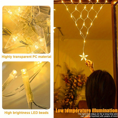 Luces solares en forma de estrella, 162 LED, 6.3 metros - 1 unidad, 8 modos de iluminación, malla de luces decorativas con batería solar removible, perfectas para decoración de dormitorio, patio, camping, bodas, porche y ambiente festivo (disponible en v