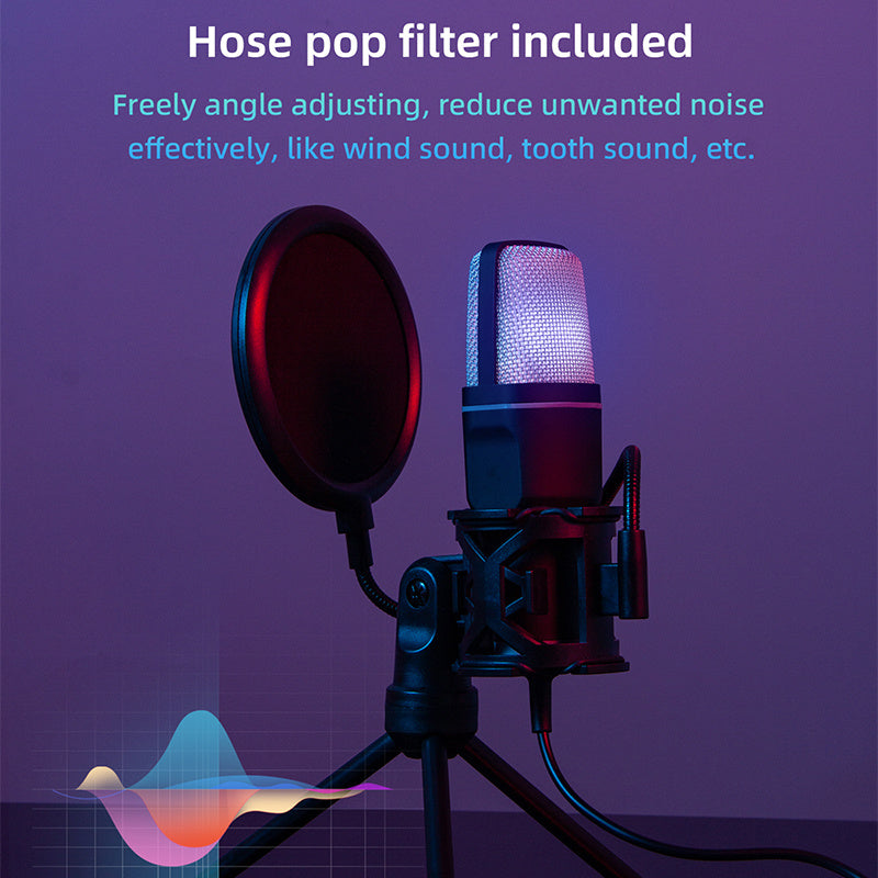 Micrófono para gaming, micrófono USB para PC, podcast, videos y streaming, micrófono condensador con función de silencio rápido, trípode, filtro antipop, luz indicadora RGB, montura antivibraciones, perilla giratoria de ganancia, compatible con PS4/5/PC