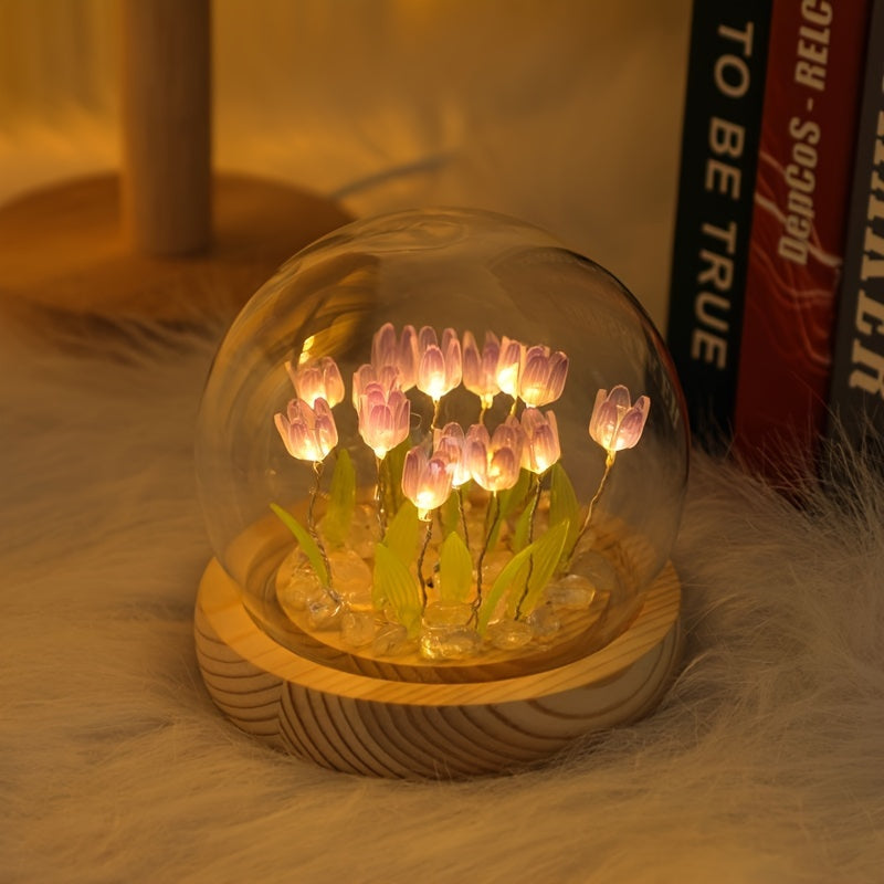 1 Lámpara de noche creativa de tulipán 13/16/20, kit de material DIY con más flores, lámpara de escritorio hecha a mano, utilizada para decoración de habitación y dormitorio, luz ambiental, pequeña decoración de escritorio, mejor regalo de Día de la Madr