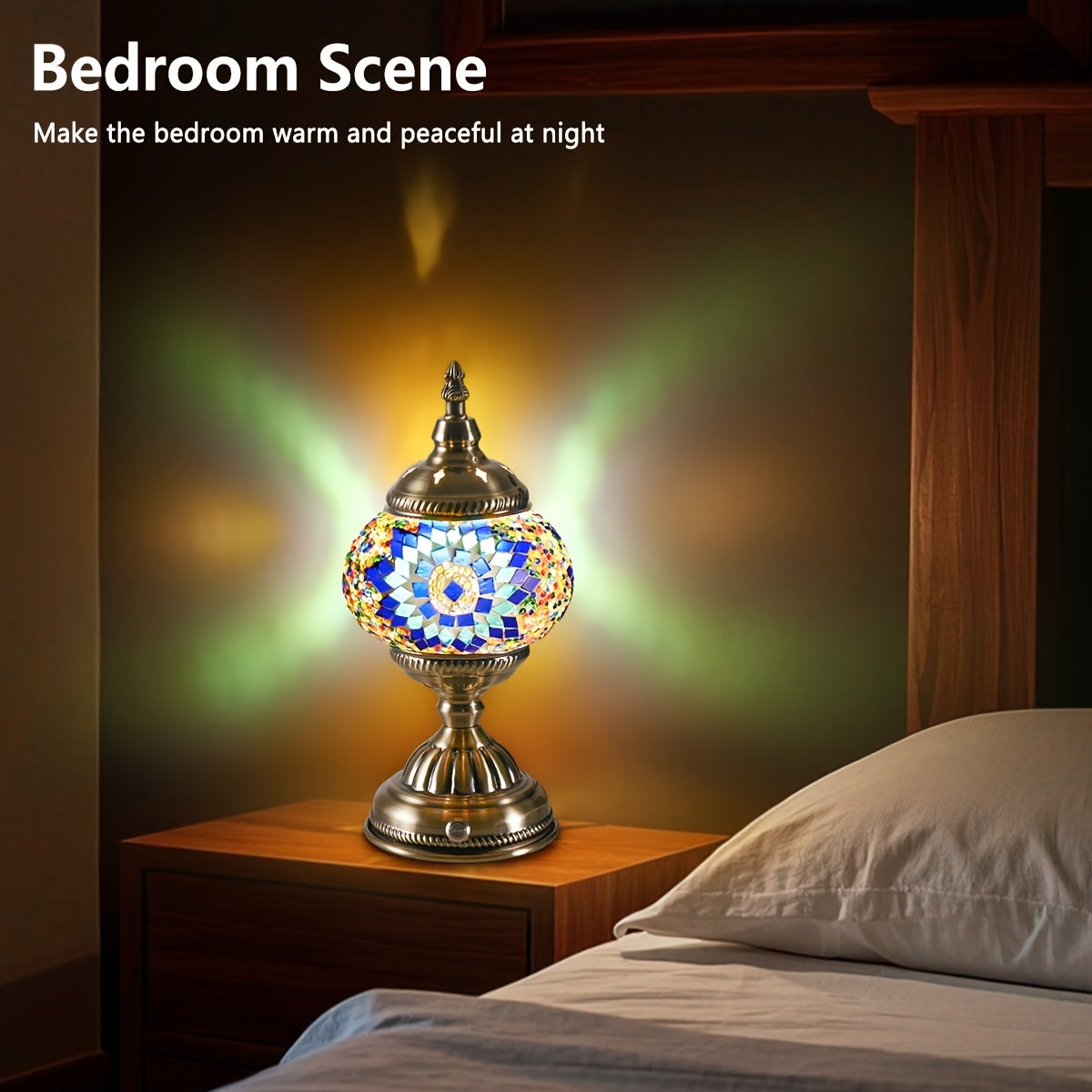 Lámpara morisca con diseño turco, base de bronce y vidrio mosaico de colores estilosos, ideal como luz de noche bohemio, decoración de dormitorio o regalo de vacaciones (incluye bombillas LED)