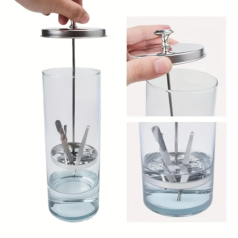 Vaso de Desinfección para Herramientas de Belleza con Cepillo Integrado - Botella de Esterilización Manual para Salón y Uñas, Sin Fragancia, No Requiere Electricidad