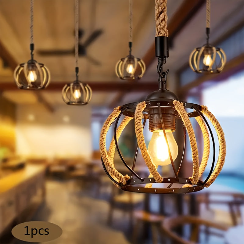Arandela Colgante Industrial Moderna con Cuerda Tejida y Marco de Hierro - Lámpara Redonda Rústica para Comedor o Pasillo, Sin Bombilla Incluida, Compatible con 110V-220V, Iluminación Ambiental | Luces Decorativas Minimalistas | Arco Iris de Hierro, Deco