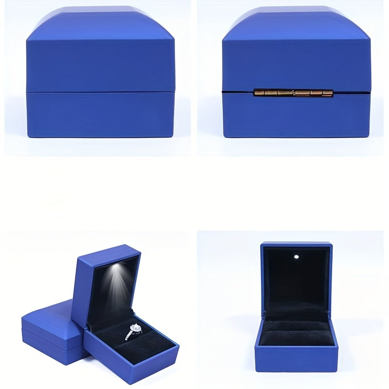 1 caja de anillos moderna con luz LED alimentada por batería, estuche para joyas con brillo suave para alianzas y bodas, 6x5x2 cm, plástico duradero, 4 colores (rojo/azul//gris), iluminación elegante para exhibición de anillos | Estuche decorativo interi