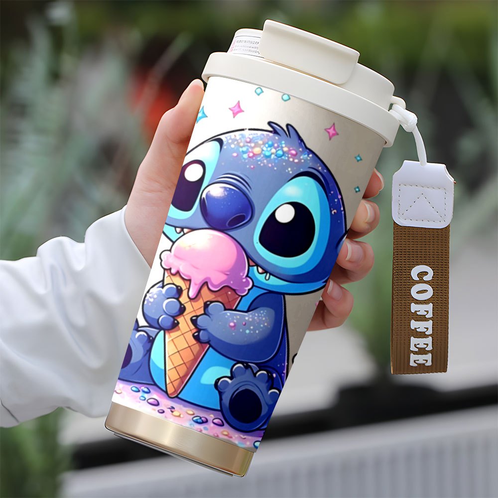 1 unidad de taza de viaje de 18 oz Disney Stitch, gran capacidad, acero inoxidable, para bebidas frías y calientes, crema. Ideal como regalo para verano e invierno, KFB03231