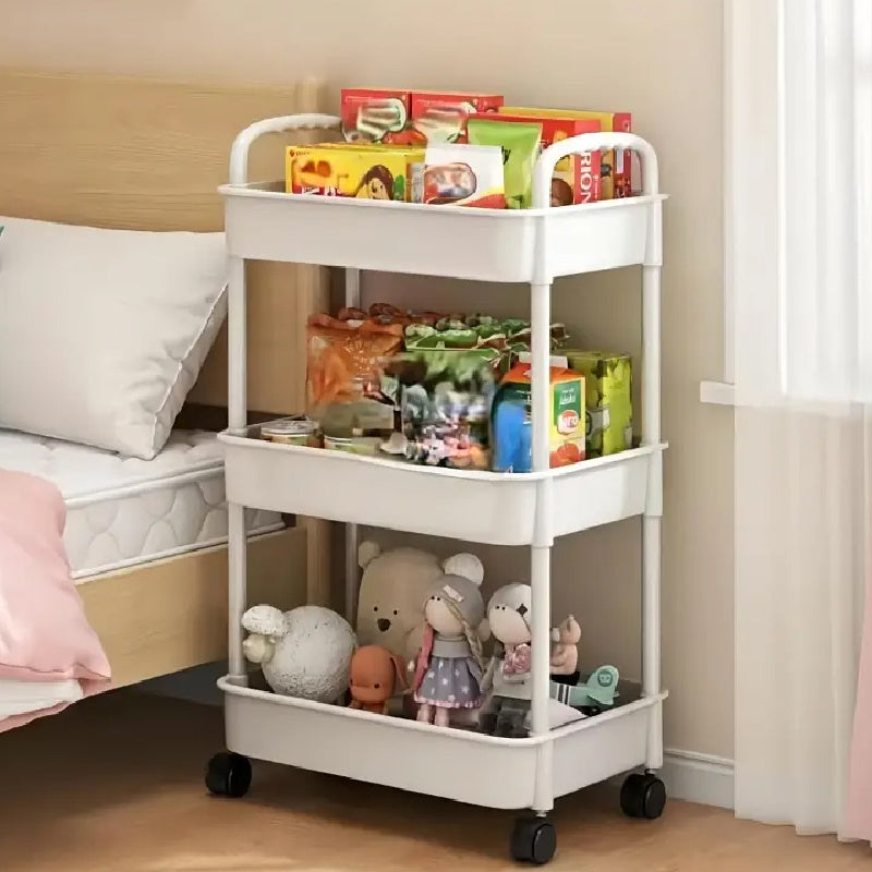 Carro de almacenamiento de 3 niveles con mecanismo de deslizamiento, plástico duradero, blanco - Ideal para la organización de la cocina, dormitorio y sala de estar, regalo perfecto para San Valentín y Ramadán, versátil para todas las estaciones, estante