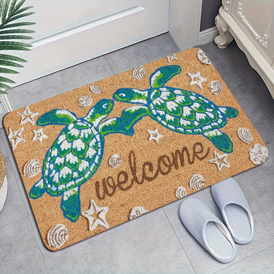 1 alfombra de bienvenida con diseño de tortuga antideslizante - Alfombra de poliéster lavable a máquina con respaldo de PVC, decoración temática costera para baño, cocina, sala y dormitorio, alfombra para piso de cocina | Decoración temática costera | Al