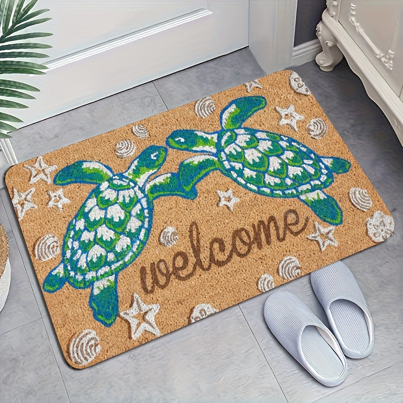 1 alfombra de bienvenida con diseño de tortuga antideslizante - Alfombra de poliéster lavable a máquina con respaldo de PVC, decoración temática costera para baño, cocina, sala y dormitorio, alfombra para piso de cocina | Decoración temática costera | Al