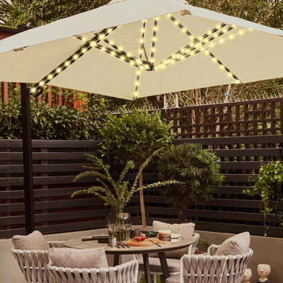 1pc Sombrilla Solar con Luz, Gran Sombrilla Rectangular para Exterior con Base y Soporte, Diseño Doble Cara con 104 Luces LED Solares, 8 Modos de Iluminación Control Remoto, Blanco Cálido para Jardín o Piscina, Beige, Incluye Batería