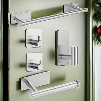 Juego de 5 accesorios para baño de acero inoxidable - Incluye barra para toallas, portarrollos de papel higiénico y gancho para albornoz - Fácil instalación sin taladrar - Opción perfecta para decoración del hogar, regalo de Navidad/Halloween