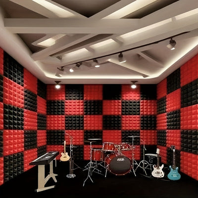 24 piezas, panel de absorción de sonido de algodón de pirámide de 12 * 12 * 2 pulgadas, negro y rojo (12 piezas negras + 12 piezas rojas), adecuado para paredes de estudios de grabación, salas de música, estudios de baile, paneles acústicos, salas de jue