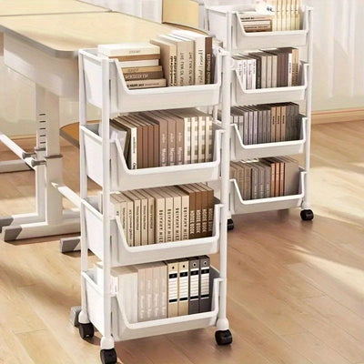 Un carro de almacenamiento de cocina con ruedas disponible en 1, 2, 3, 4 o 5 niveles, adecuado para optimizar el espacio y el almacenamiento en cocinas, salas de estar, dormitorios y dormitorios; presenta una apariencia limpia.