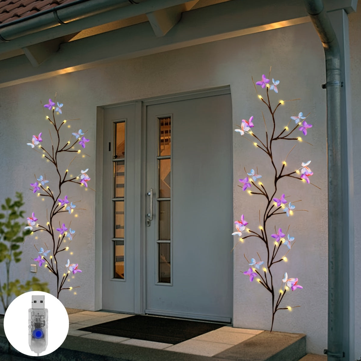 TPGEBO 1pc Luces LED de Hiedra con Decoraciones de Flores y Mariposas Alimentadas por USB - Ramas Artificiales Cálidas Blancas de 1.3m/4.26ft, 8 Modos & Control por Botón para Bodas en Interiores/Exteriores, Hogar, Jardín (Sin Necesidad de Batería), Ilum
