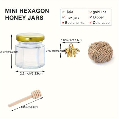 Elegante tarro de vidrio hexagonal mini con tapa dorada y cubo de madera, perfecto para conservación natural y fiestas - empaquetado múltiple para bodas y regalos de novia, tarro de miel de vidrio transparente familiar con tapa, tarro de vidrio transpare