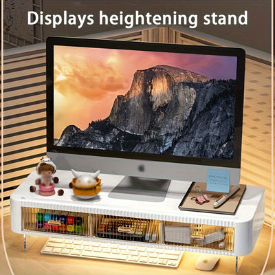 2 Escenarios Disponibles Soporte de Monitor de Acrylic Transparente con Doble Cajón, Organizador de Escritorio Ajustable, Soporte de Monitor Multifuncional para Oficina en Casa, con Espacio de Almacenamiento, Alta Practicidad