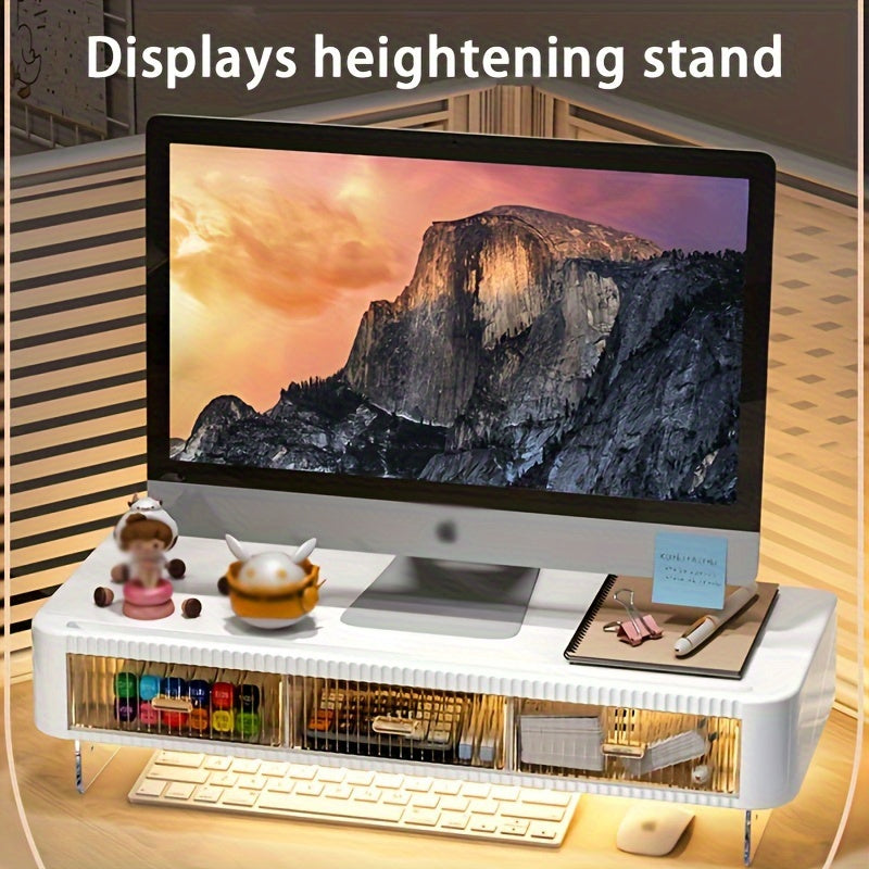 2 Escenarios Disponibles Soporte de Monitor de Acrylic Transparente con Doble Cajón, Organizador de Escritorio Ajustable, Soporte de Monitor Multifuncional para Oficina en Casa, con Espacio de Almacenamiento, Alta Practicidad