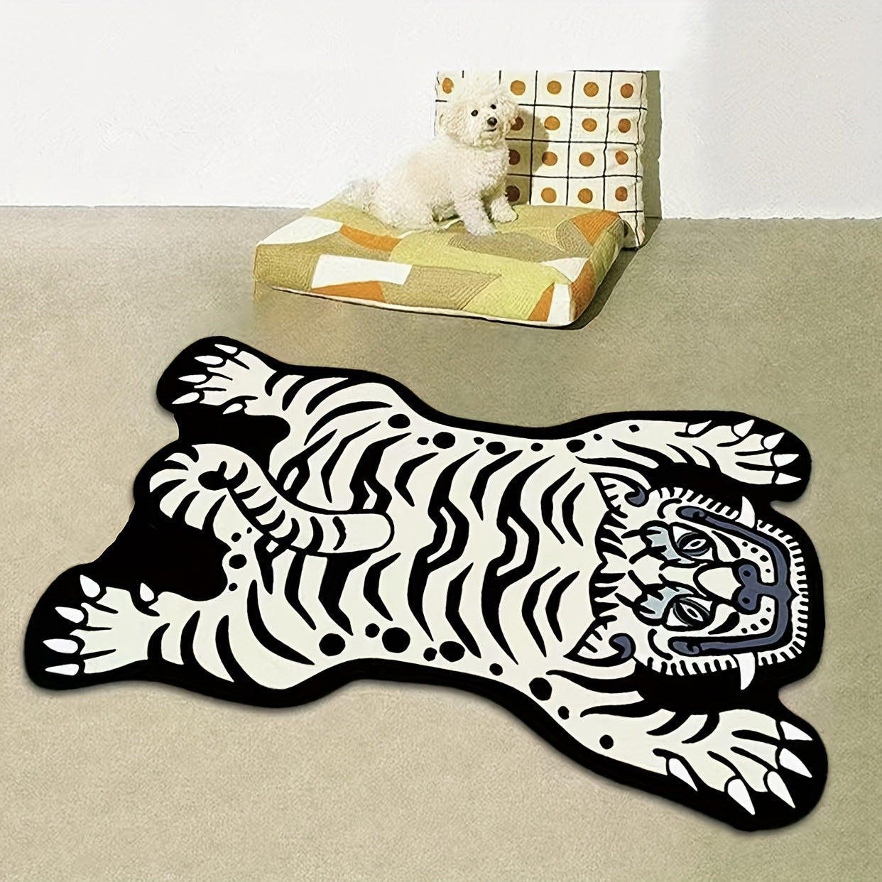 950G/㎡ Alfombra de tigre blanco exquisita de falso cachemira de pelo corto única y creativa irregular para dormitorio, sala de estar, sofá, baño, cabecera y entrada; decoración del hogar que es colorida, lavable, antideslizante y suave para un uso cómodo
