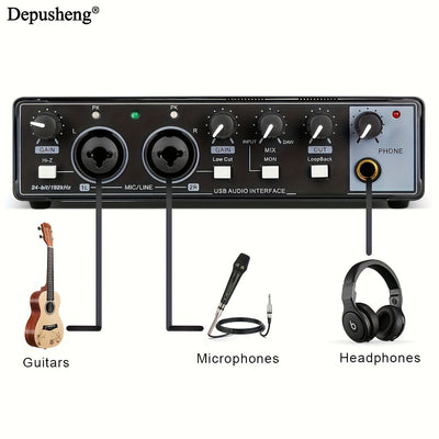 Interfaz de Audio USB de Alta Fidelidad Depusheng con Micrófono, 24-Bits/192kHz, XLR, Alimentación Fantasma, Convertidor de Precisión Integrado para Muestreo Preciso de hasta 24-Bits/192kHz - ABS Duradero, Negro - Ideal para Streaming y Grabación de Músi