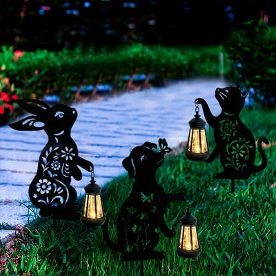 1pieza Lámpara de silueta de gato, perro y conejo alimentada por energía solar - Luz de jardín LED duradera para exteriores, impermeable IP54, ideal para decoración de patio y jardín, iluminación exterior | Diseño juguetón | Lámpara alimentada por energí