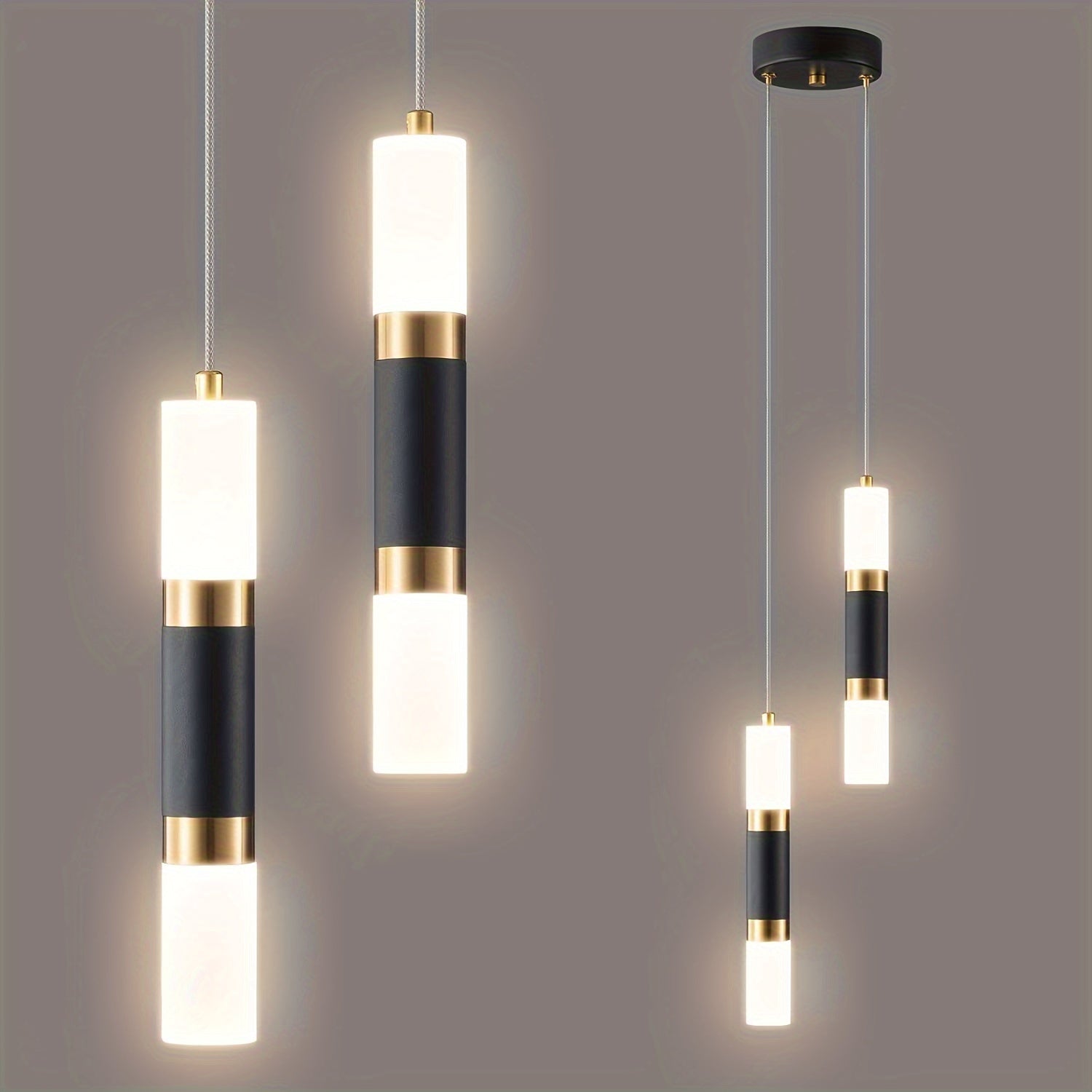 Luces Colgantes LED Elegantes de 2 y 3 Luces Regulables, Diseño Moderno en Negro y Dorado, Pantalla de Acrílico - Ideales para Isla de Cocina, Mesita de Noche de Dormitorio, Instalación Semi-Encastrada, Luces LED para Dormitorio