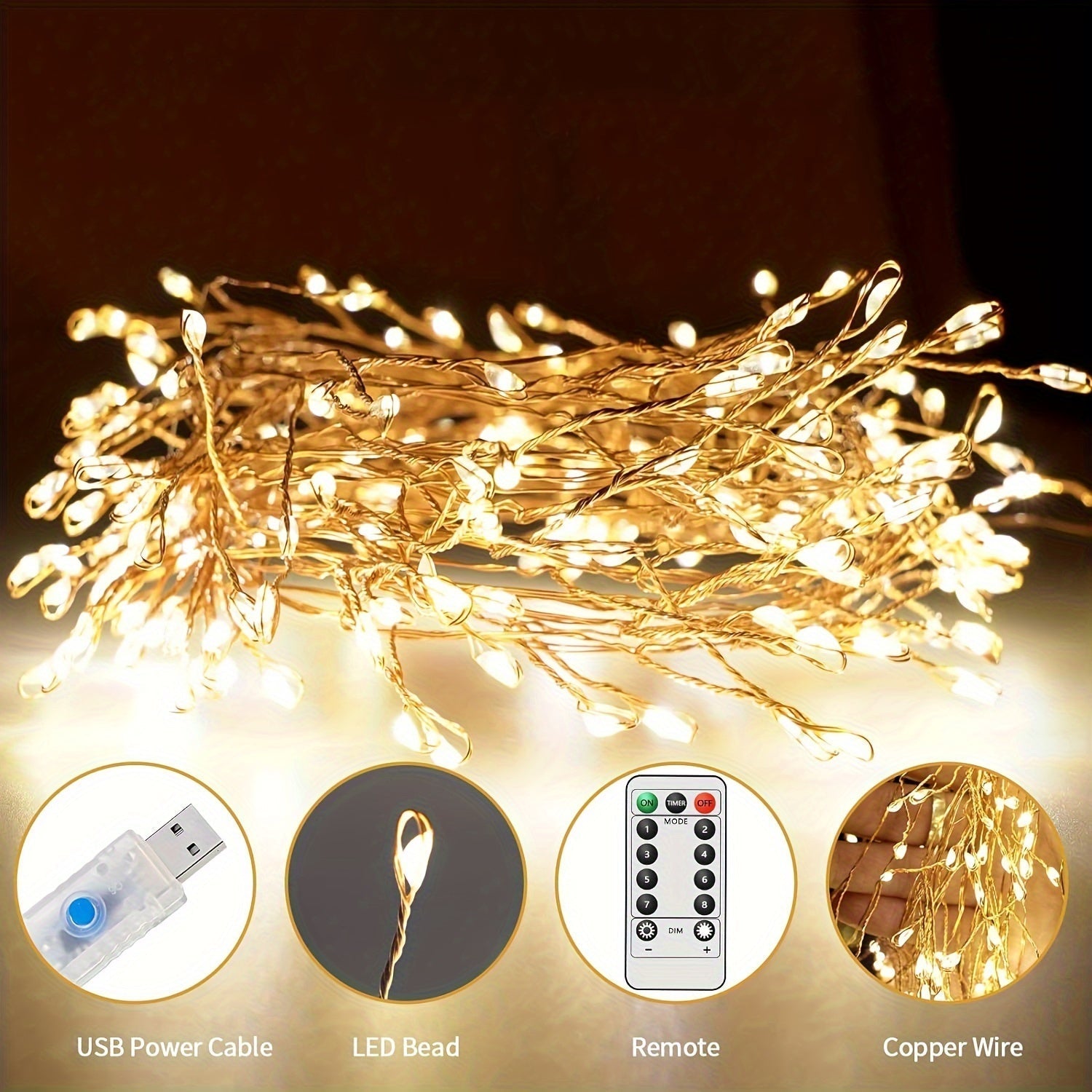 1pc Luces LED de Hadas con Alimentación USB y Control Remoto - 8 Modos de Iluminación, Temporizador, Opciones de Blanco Cálido y Multicolor - Perfecto para Árbol de Navidad, Dormitorio, Techo, Guirnalda, Ventana, Decoraciones de Boda, Uso Interior/Exteri