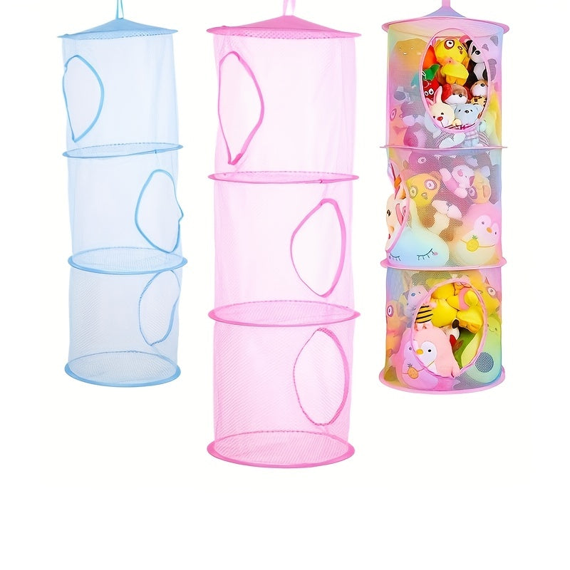 Hamaca para Peluches de 3 Compartimentos - Organizador de Juguetes Colgantes de Malla Colorida en Gris, Rojo, Azul, Rosa para el Almacenamiento de la Habitación de los Pequeños