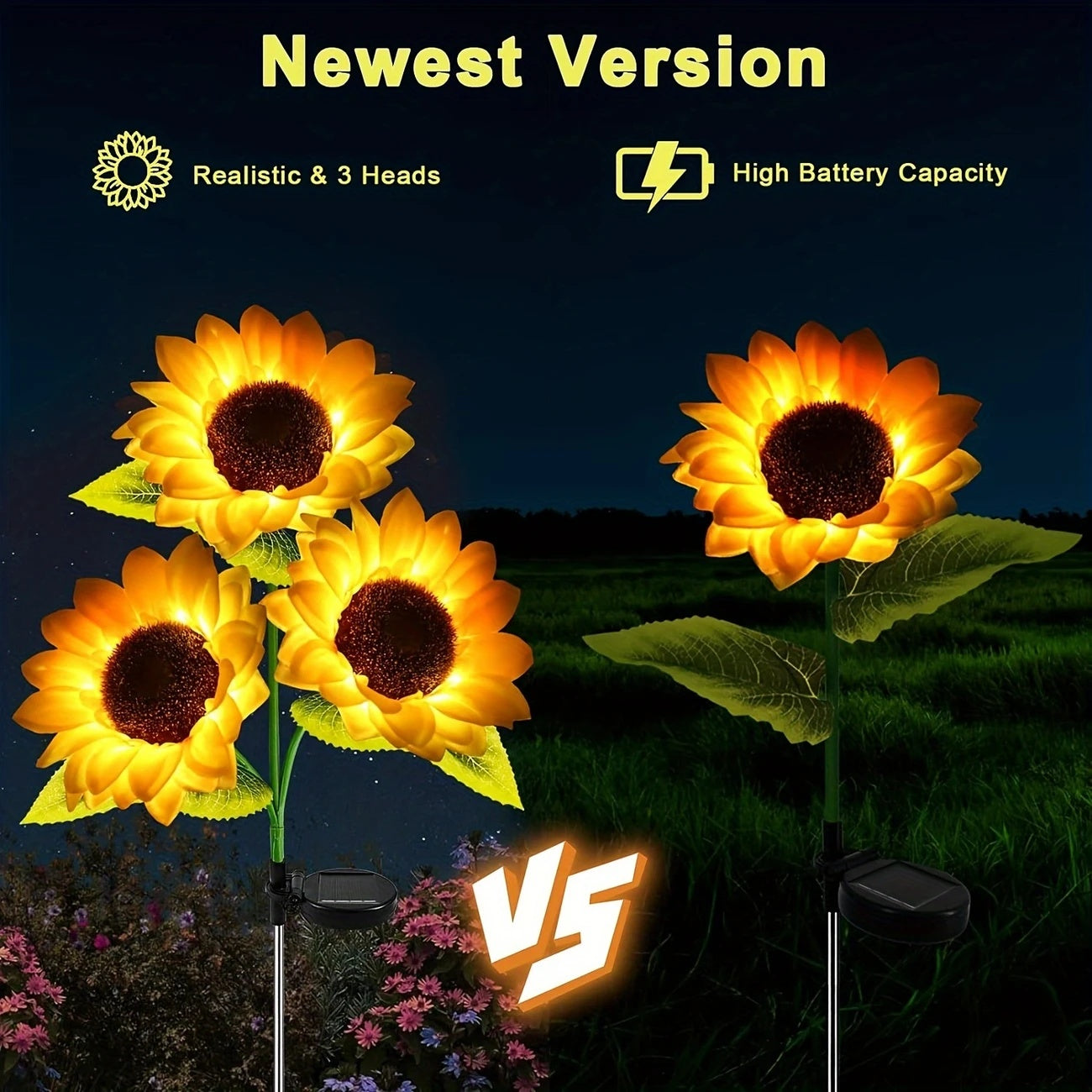 Juego de 1/2 Piezas de Luces Solares para Jardín con Forma de Girasol LED - Flores Artificiales Impermeables por Estaca, Brillo Nocturno Realista para Jardín, Césped y Porche, Iluminación Exterior Eficiente en Energía, Luzes Decorativas Solares