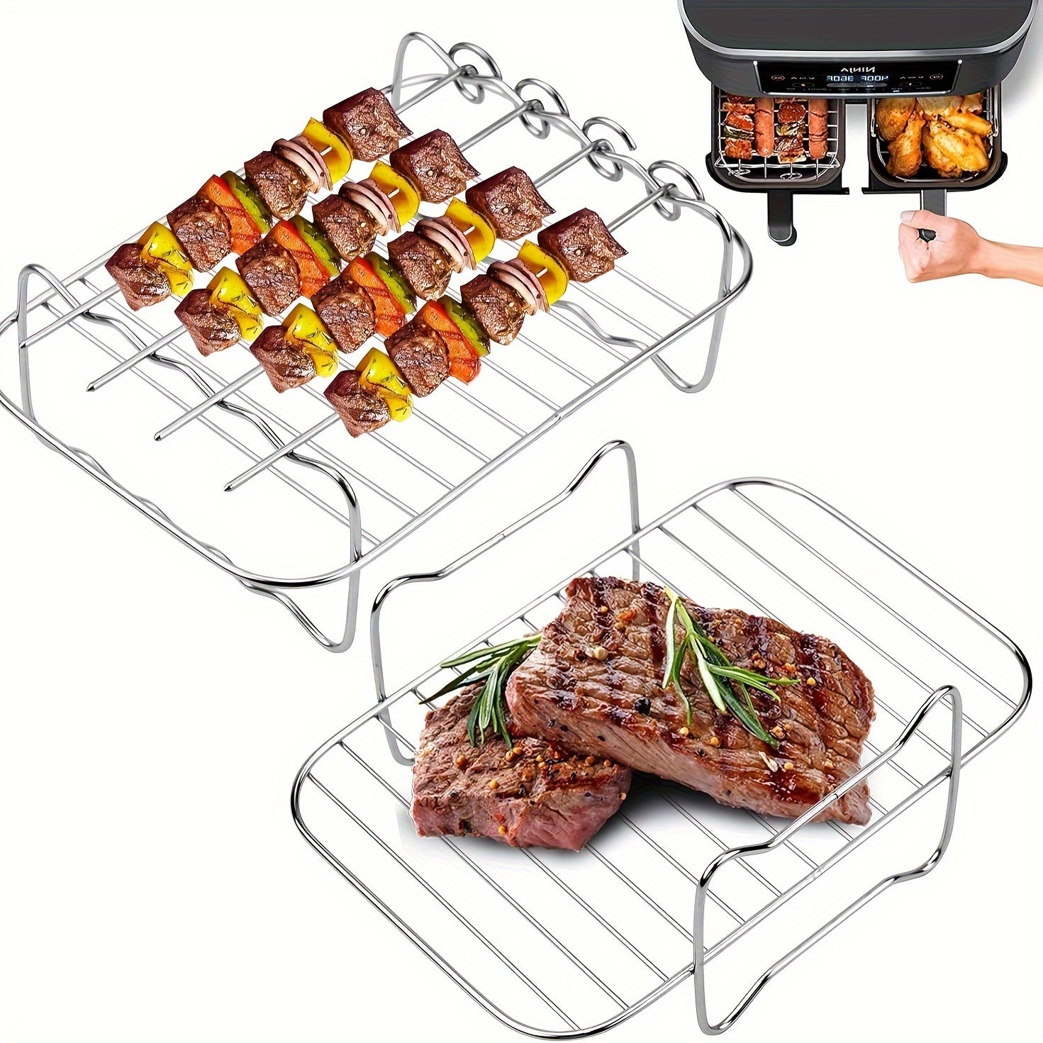 Conjunto de 6 piezas de Accesorios para Freidora de Aire - Estructura de Acero Inoxidable para Freidora de Aire, Rejilla para Horno de Microondas, Parrilla Rectangular Multifuncional - Adecuado para la Mayoría de Hornos de Freidora de Aire - Antiadherent