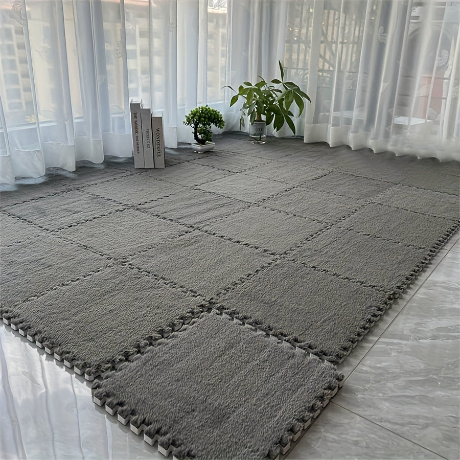 12 piezas de alfombras interconectadas de pelo largo, suaves tapetes de rompecabezas para piso, 29.97x29.97 cm, gris con borde blanco, lavables a mano, decoración acogedora para dormitorio o sala, tapete para sala | Cubrepiso elegante | Tapete de textura
