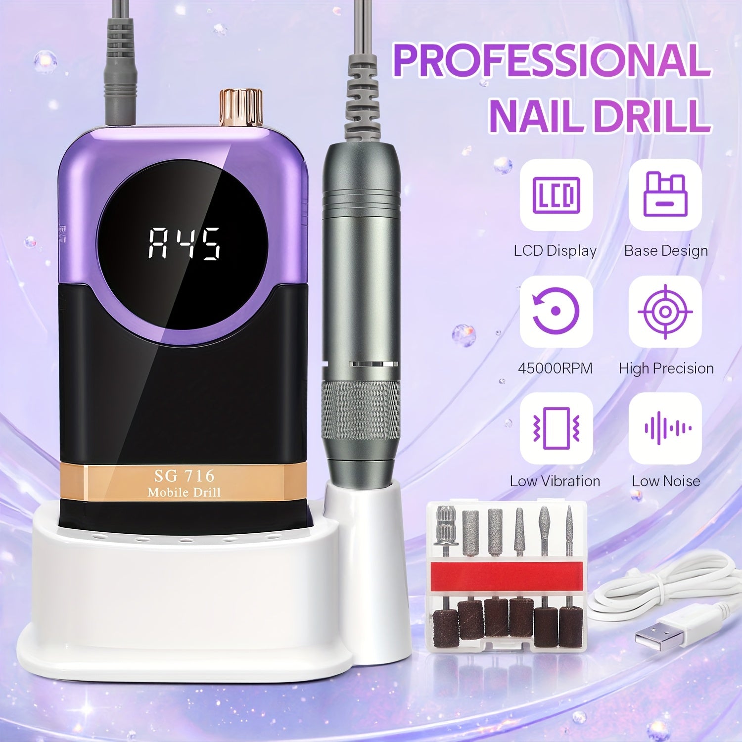 Kit de Máquina Profesional para Uñas Recargable 45000 RPM con Lima Eléctrica para Manicura, Eliminación y Pulido de Gel